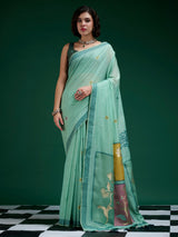Mint blue jamdani cotton saree with heritage weave