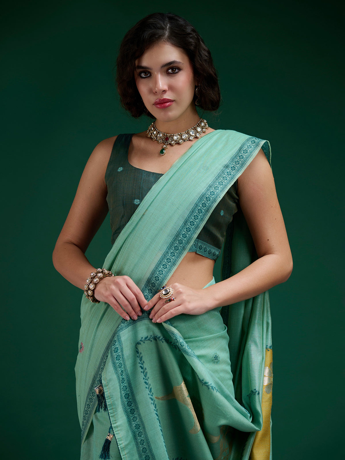 Mint blue jamdani cotton saree with heritage weave