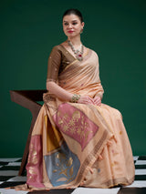 Peach jamdani cotton saree with refined traditional charm