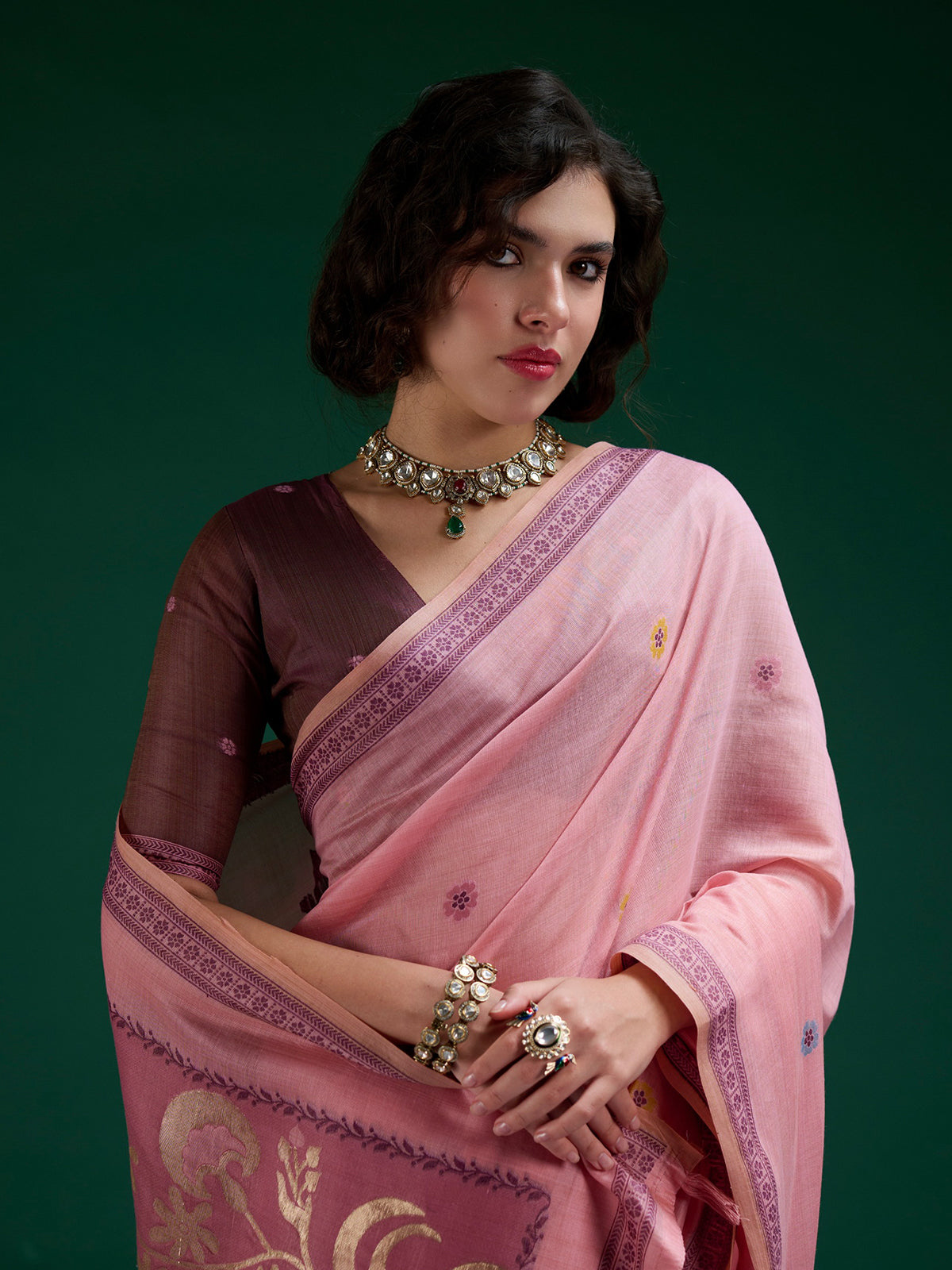 Pink jamdani cotton saree with graceful woven beauty