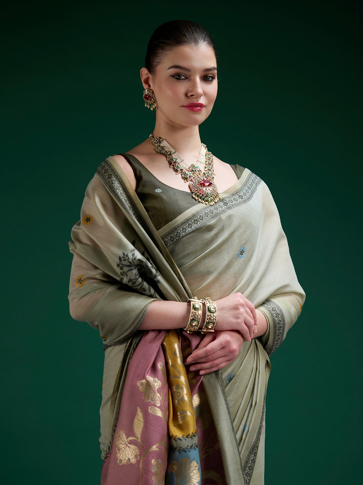 Olive jamdani cotton saree with timeless ethnic appeal