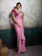 Pink satin saree with embellished magenta blouse