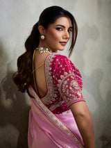 Pink satin saree with embellished magenta blouse