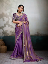 Purple dual-tone satin saree with embellished velvet blouse