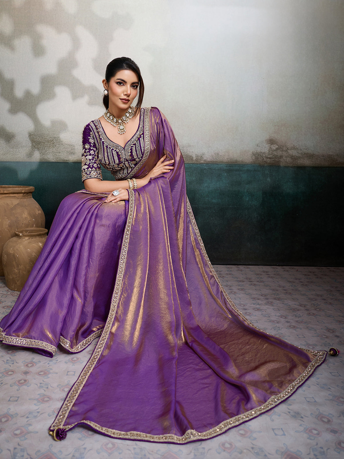 Purple dual-tone satin saree with embellished velvet blouse