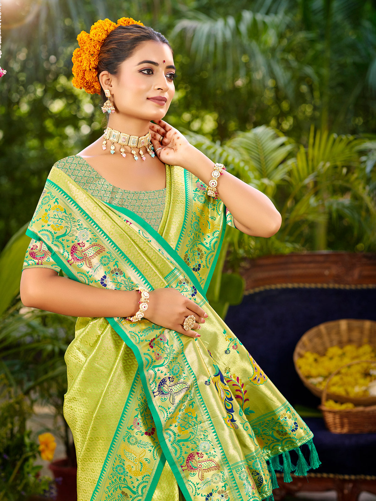 Graceful pastel green meenakari zari kanchan silk saree