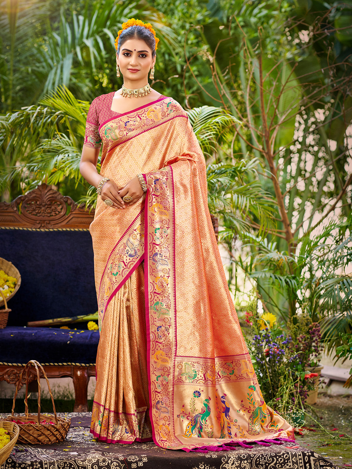 Enchanting pastel peach meenakari zari kanchan silk saree