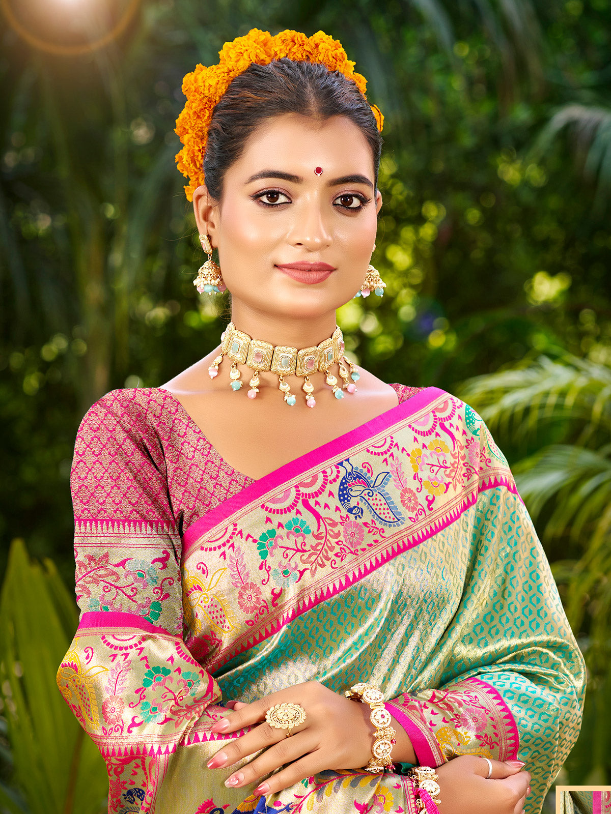 Elegant pastel mint blue meenakari zari kanchan silk saree