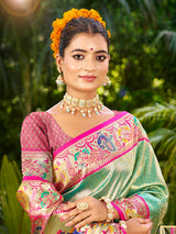 Elegant pastel mint blue meenakari zari kanchan silk saree