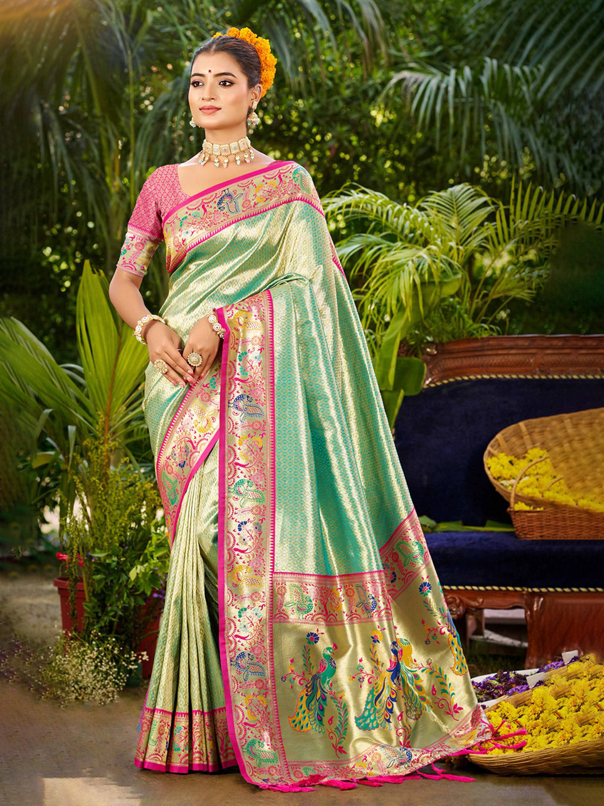 Elegant pastel mint blue meenakari zari kanchan silk saree