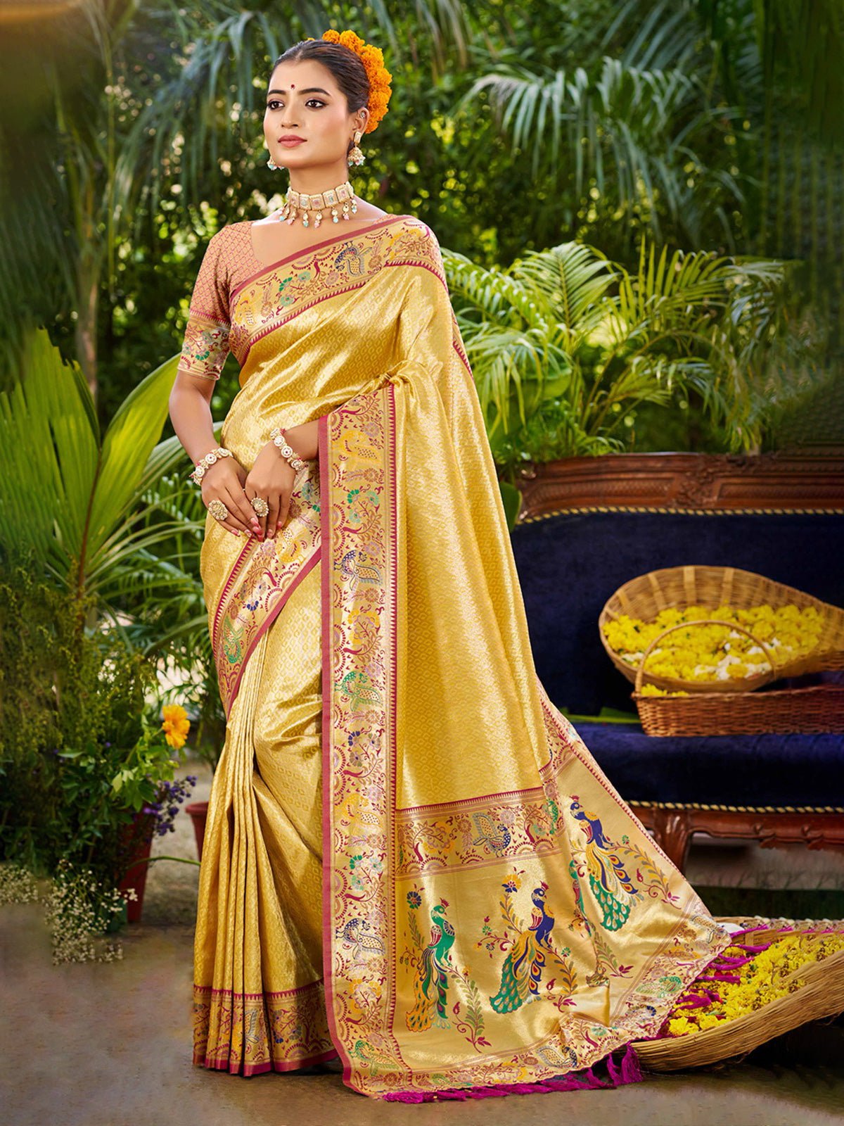 Radiant pastel yellow meenakari zari kanchan silk saree