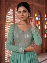 Sea green silk embellished anarkali suit with dupatta