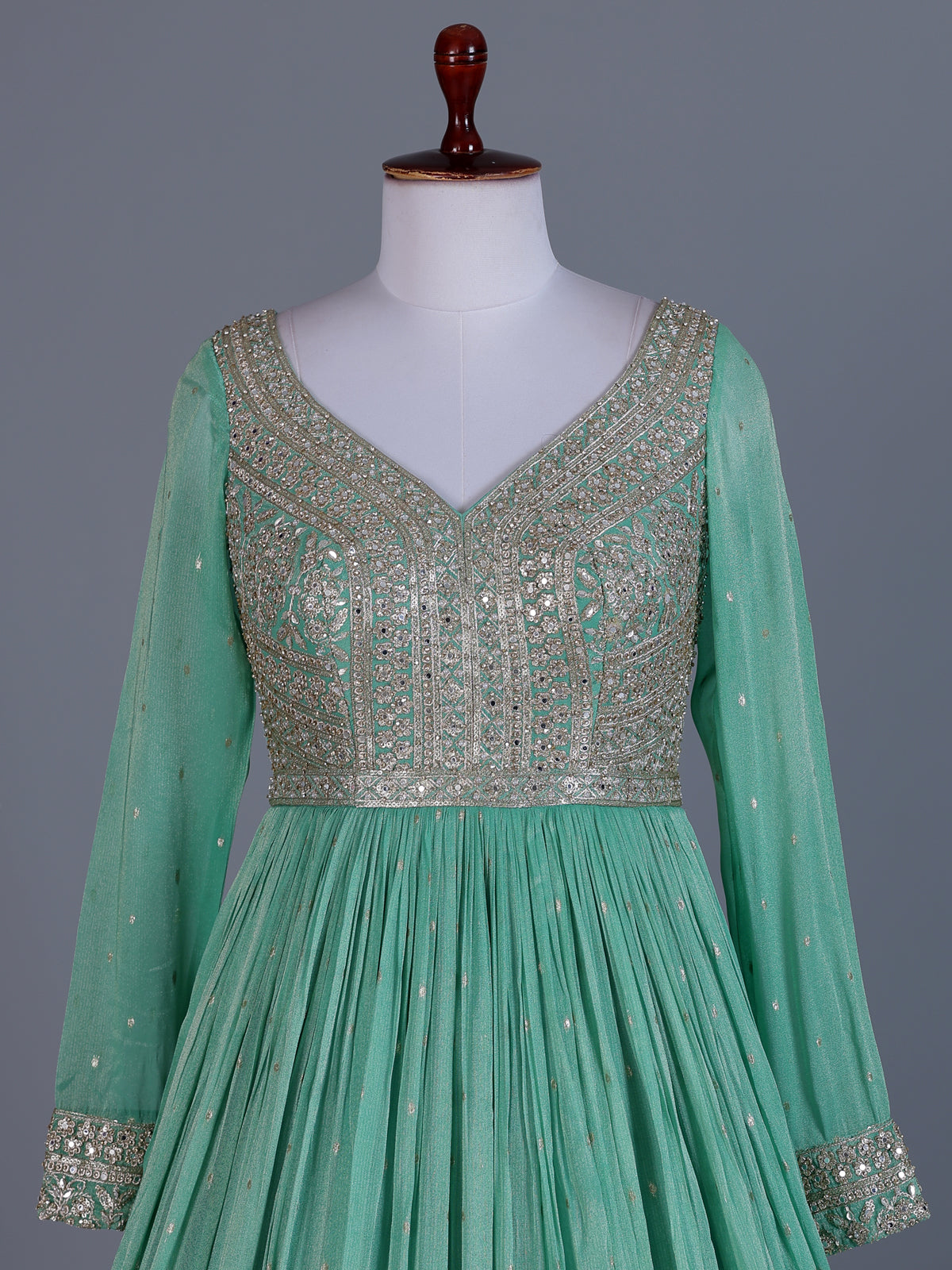 Sea green silk embellished anarkali suit with dupatta