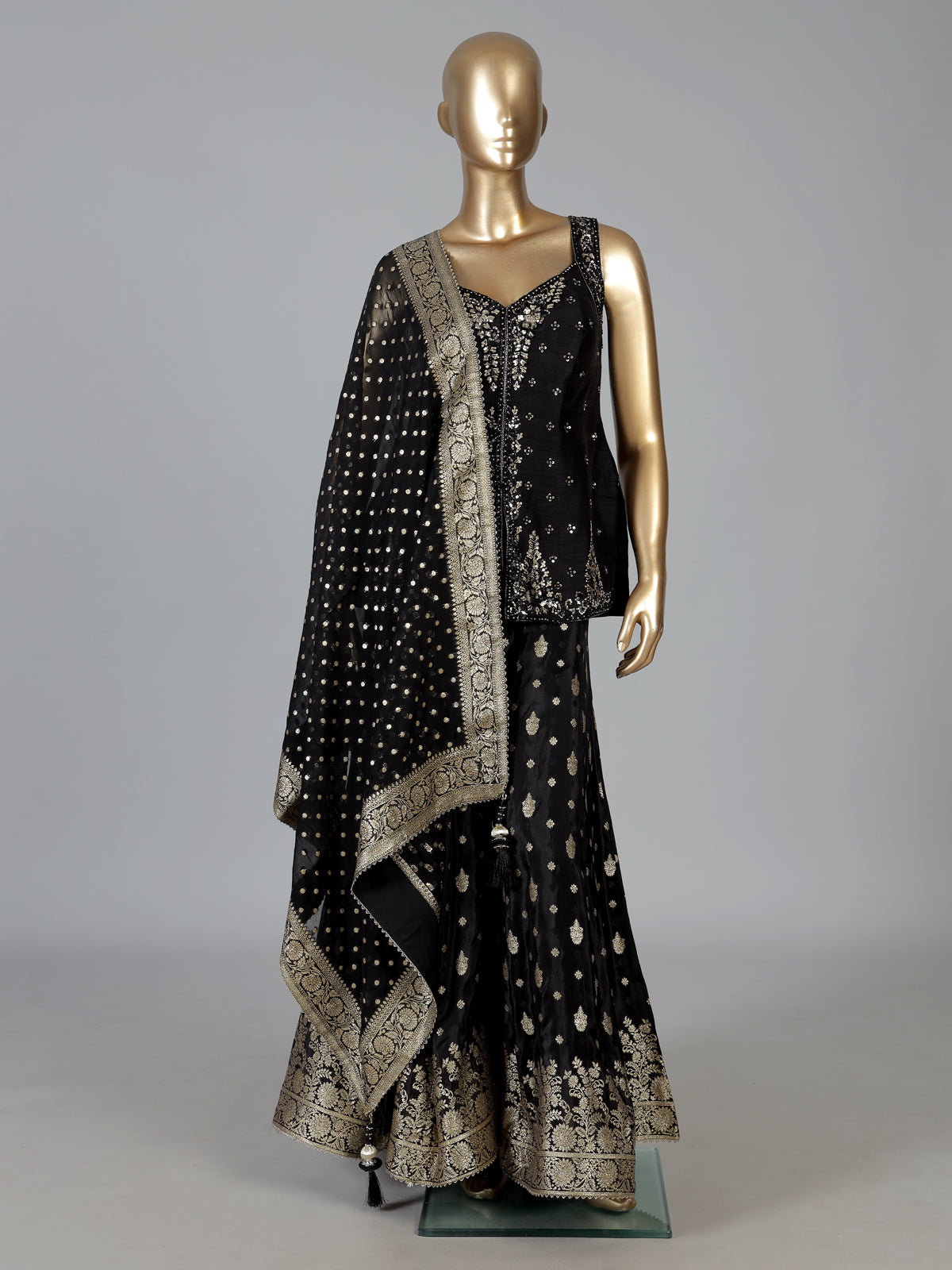 Black silk palazzo suit with elegant embellishments