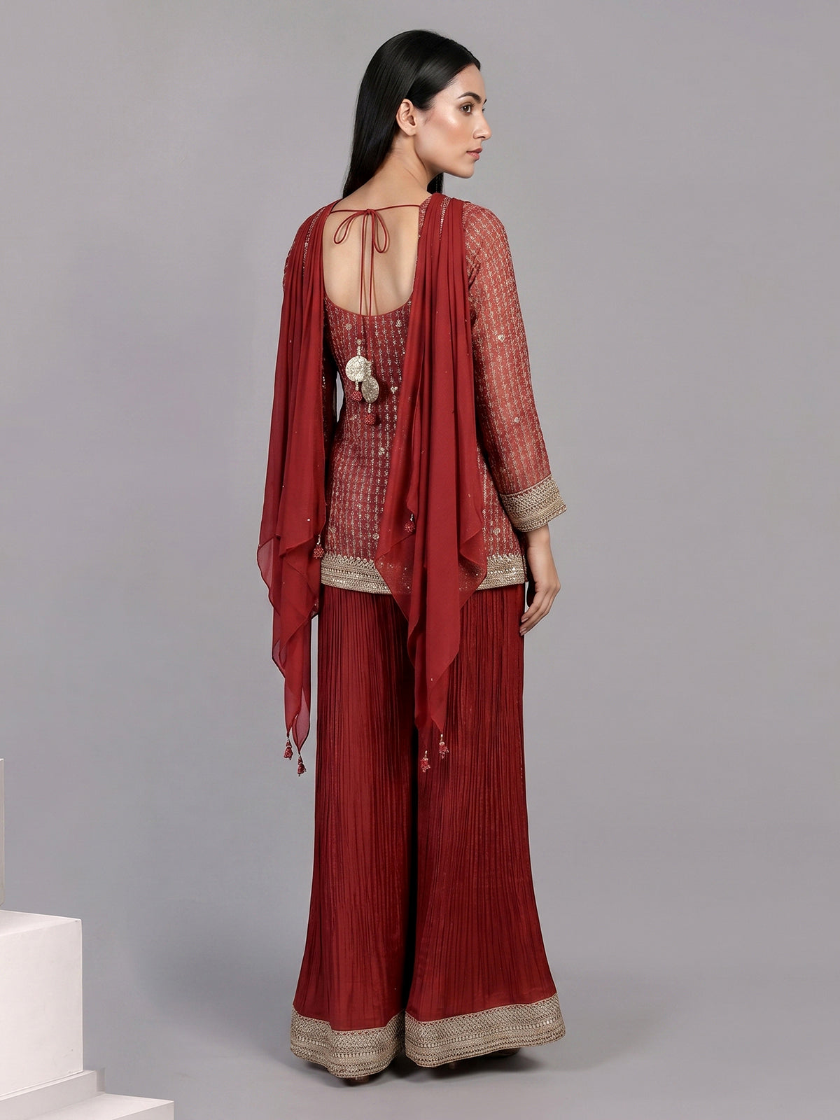 Maroon silk embroidered palazzo suit with printed dupatta
