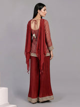 Maroon silk embroidered palazzo suit with printed dupatta