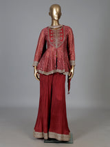 Maroon silk embroidered palazzo suit with printed dupatta