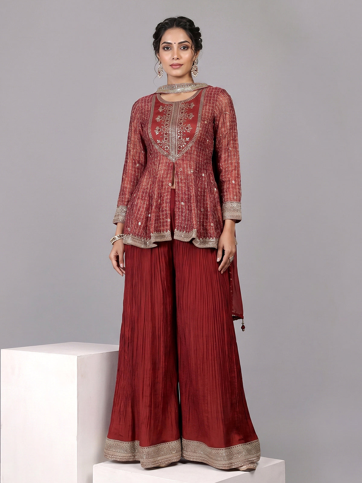 Maroon silk embroidered palazzo suit with printed dupatta