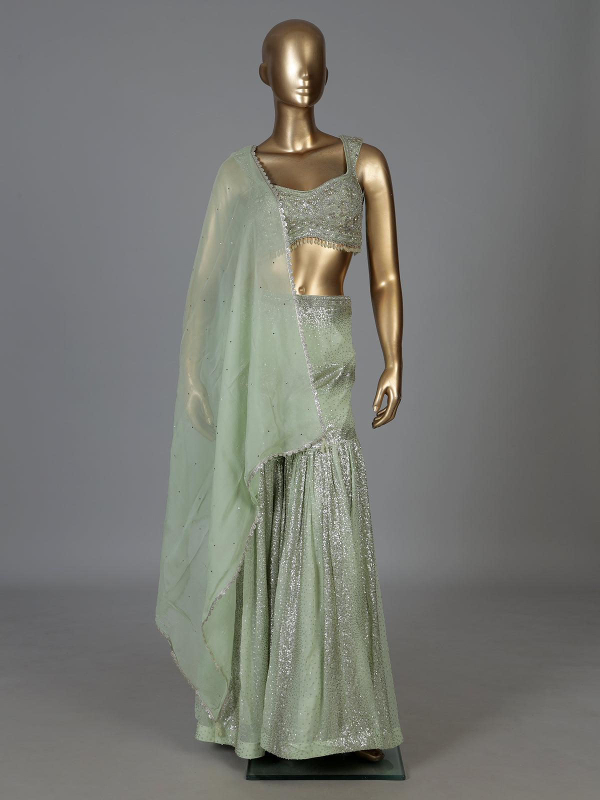 Pista green georgette designer sharara suit elegance