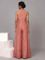 Peach silk designer halter neck festive jumpsuit