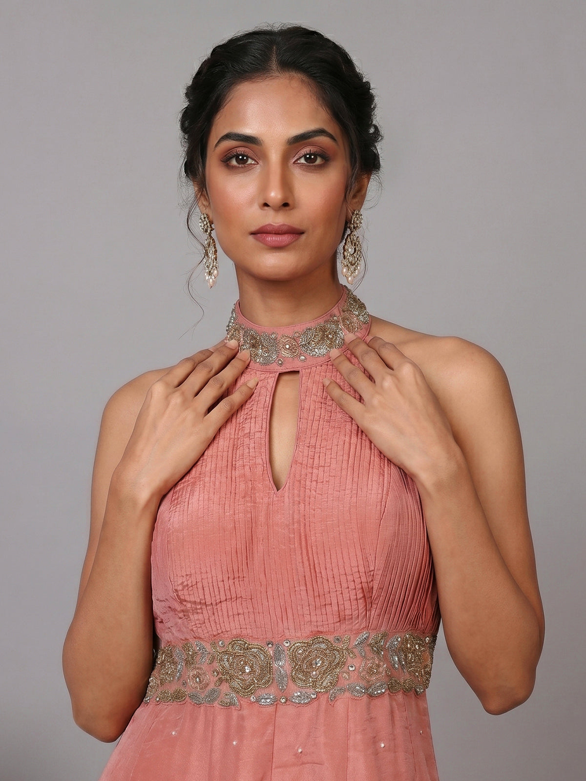 Peach silk designer halter neck festive jumpsuit