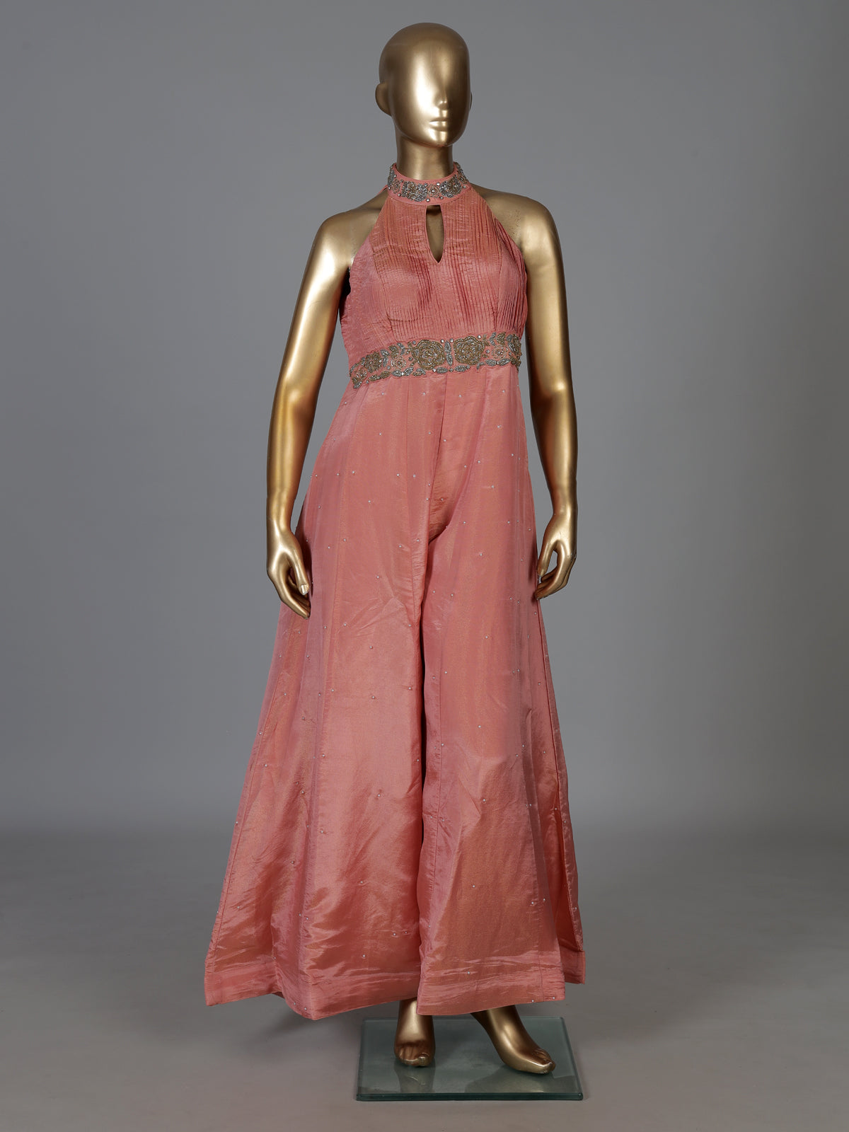 Peach silk designer halter neck festive jumpsuit