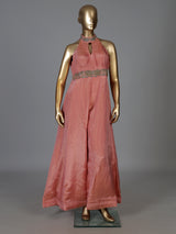 Peach silk designer halter neck festive jumpsuit