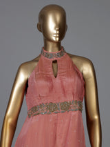 Peach silk designer halter neck festive jumpsuit