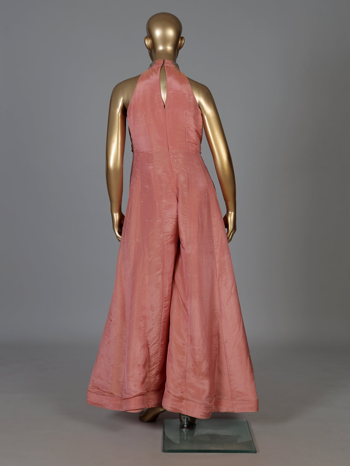 Peach silk designer halter neck festive jumpsuit