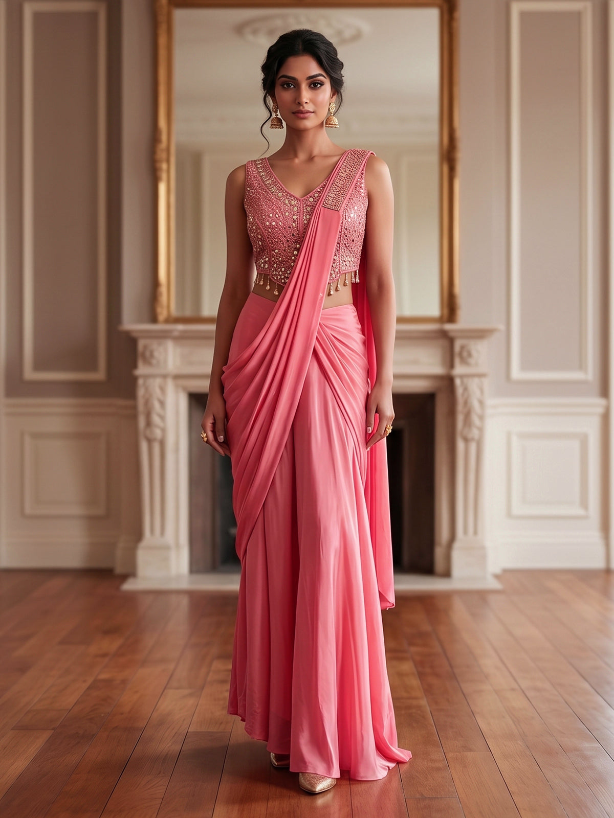 Pink satin silk designer ready to wear saree elegance