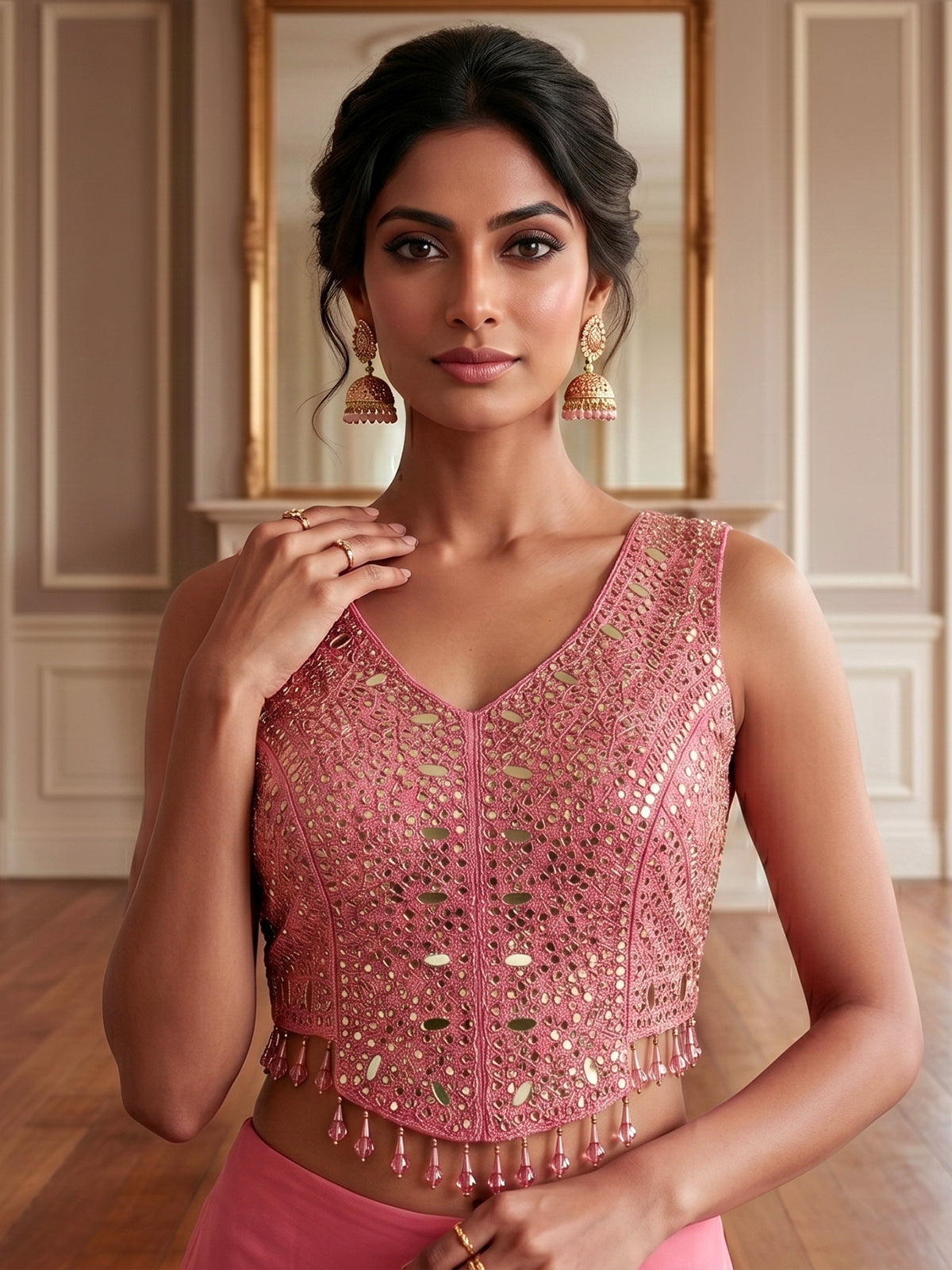 Pink satin silk designer ready to wear saree elegance