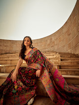 Artistic black kashmiri hand woven modal silk saree