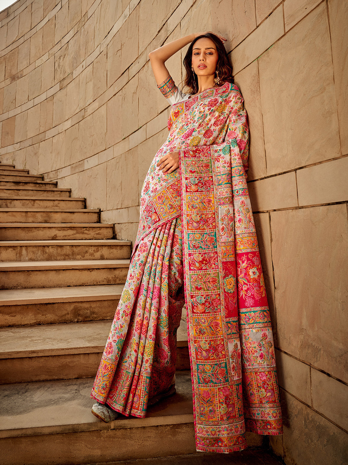 Elegant off white kashmiri woven modal silk saree