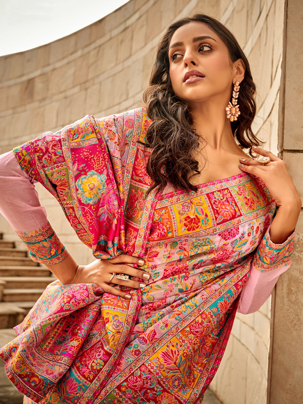 Charming pink kashmiri floral modal silk saree