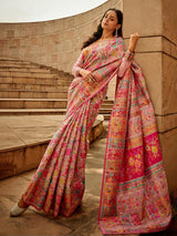 Charming pink kashmiri floral modal silk saree