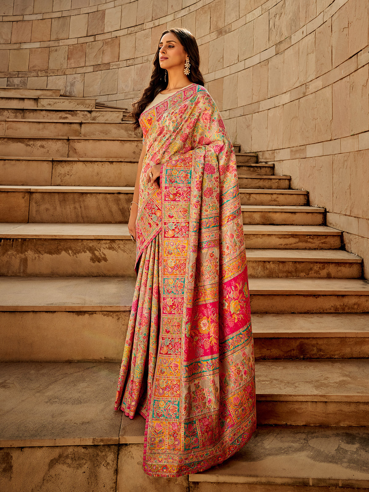 Graceful cream kashmiri hand woven festive saree