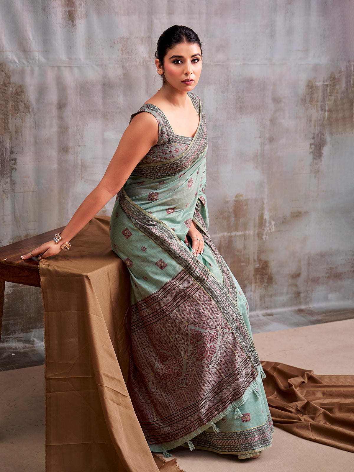 Serene mint blue floral pallu modal cotton saree