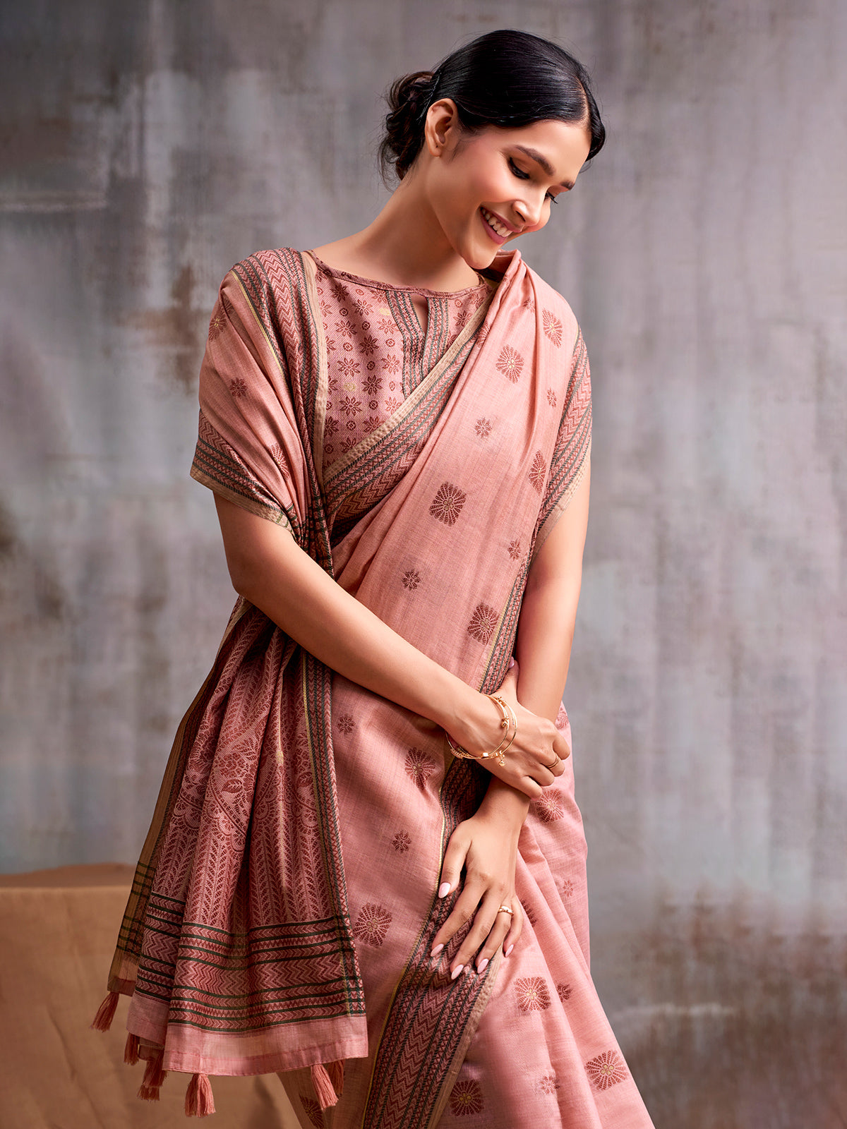Blush peach heritage print modal cotton saree