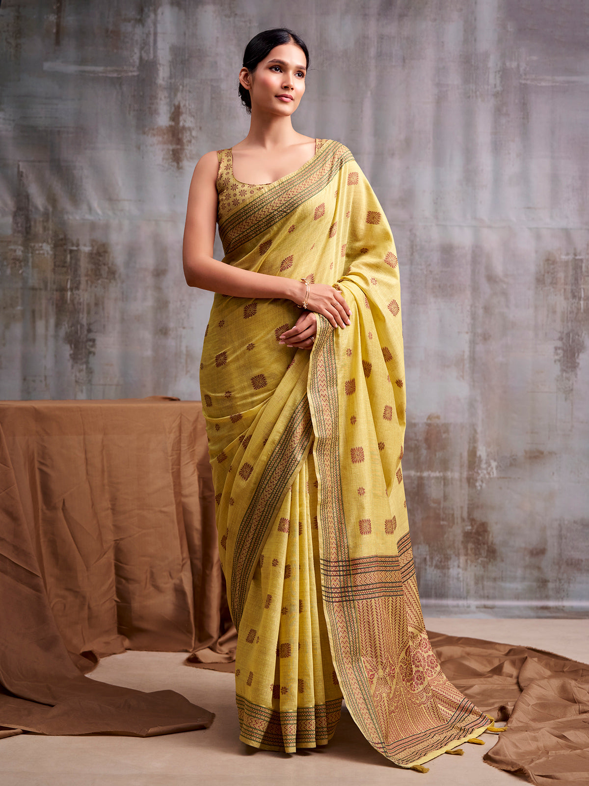 Radiant yellow artisan weave modal cotton saree