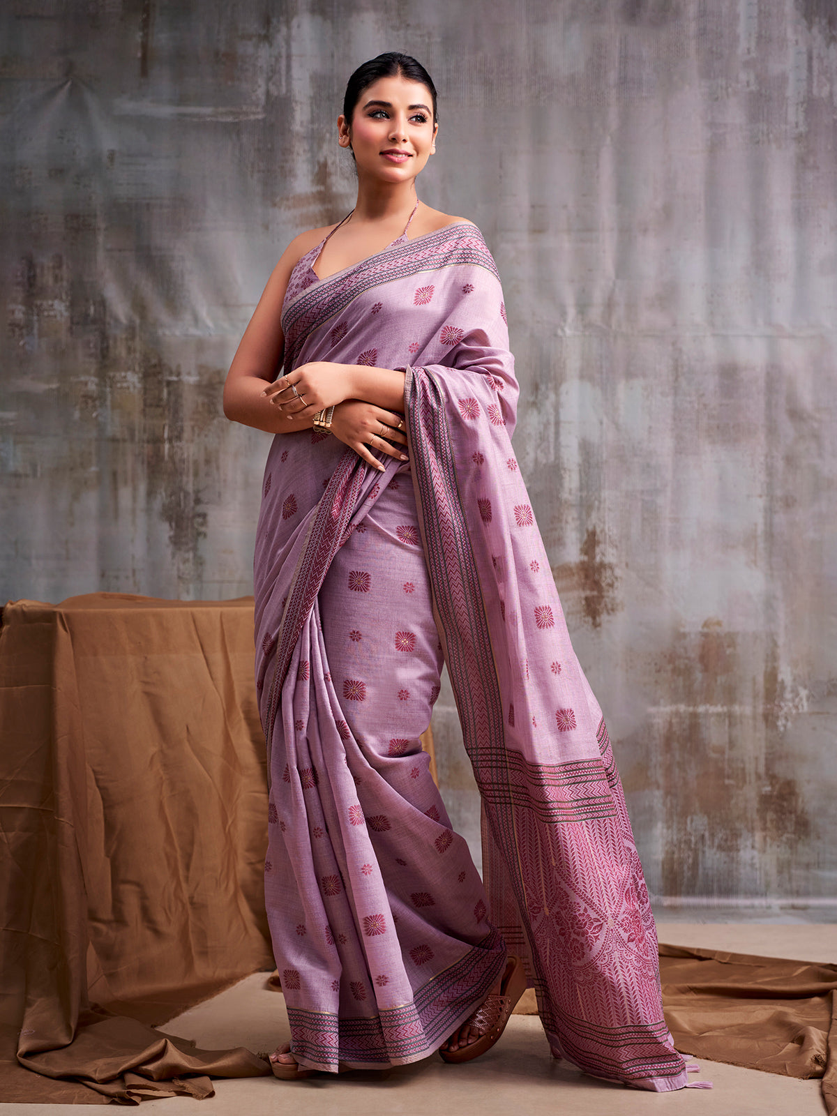 Royal purple folk art modal cotton saree