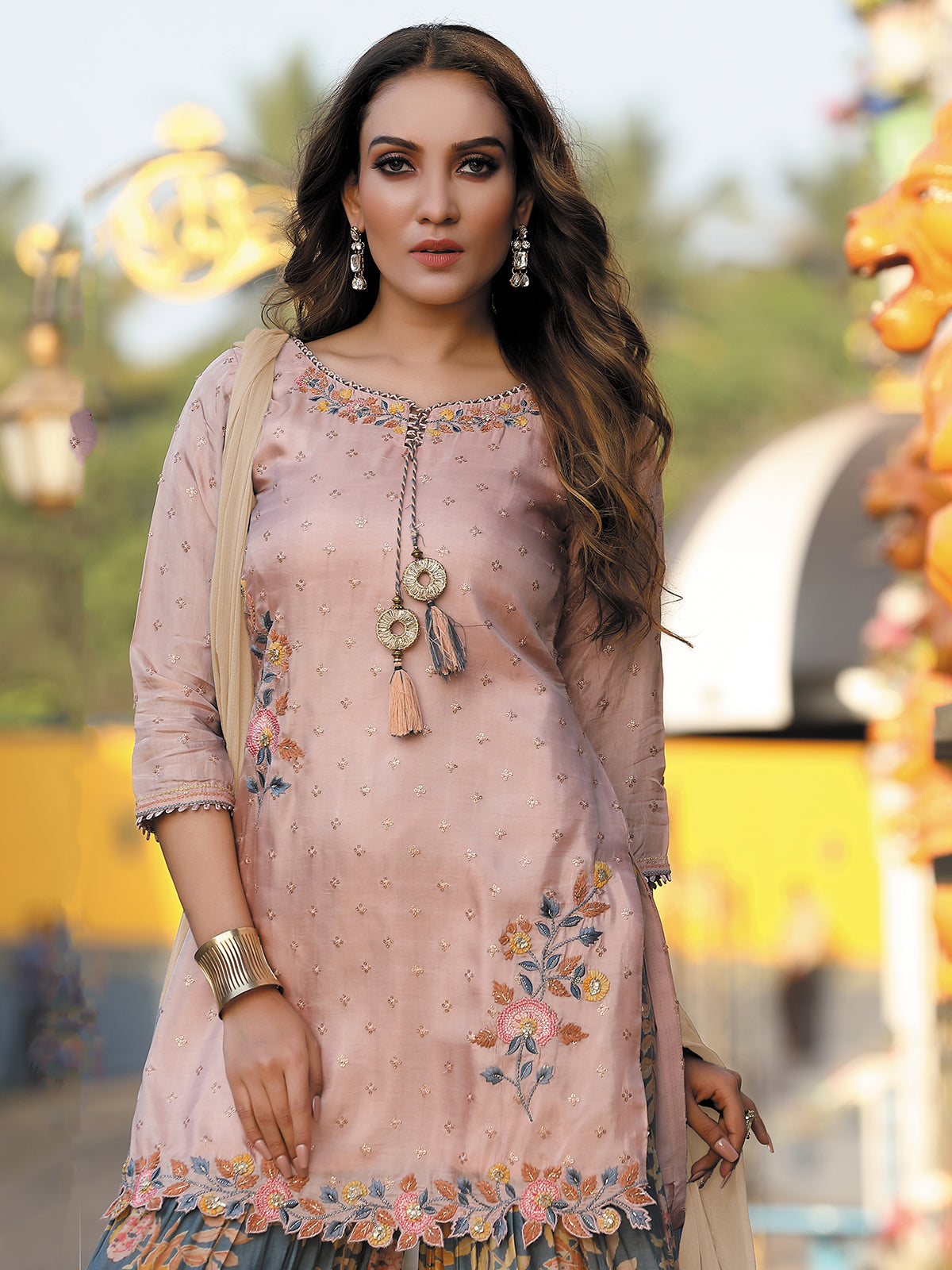 Pink and grey silk sharara suit for festive celebration