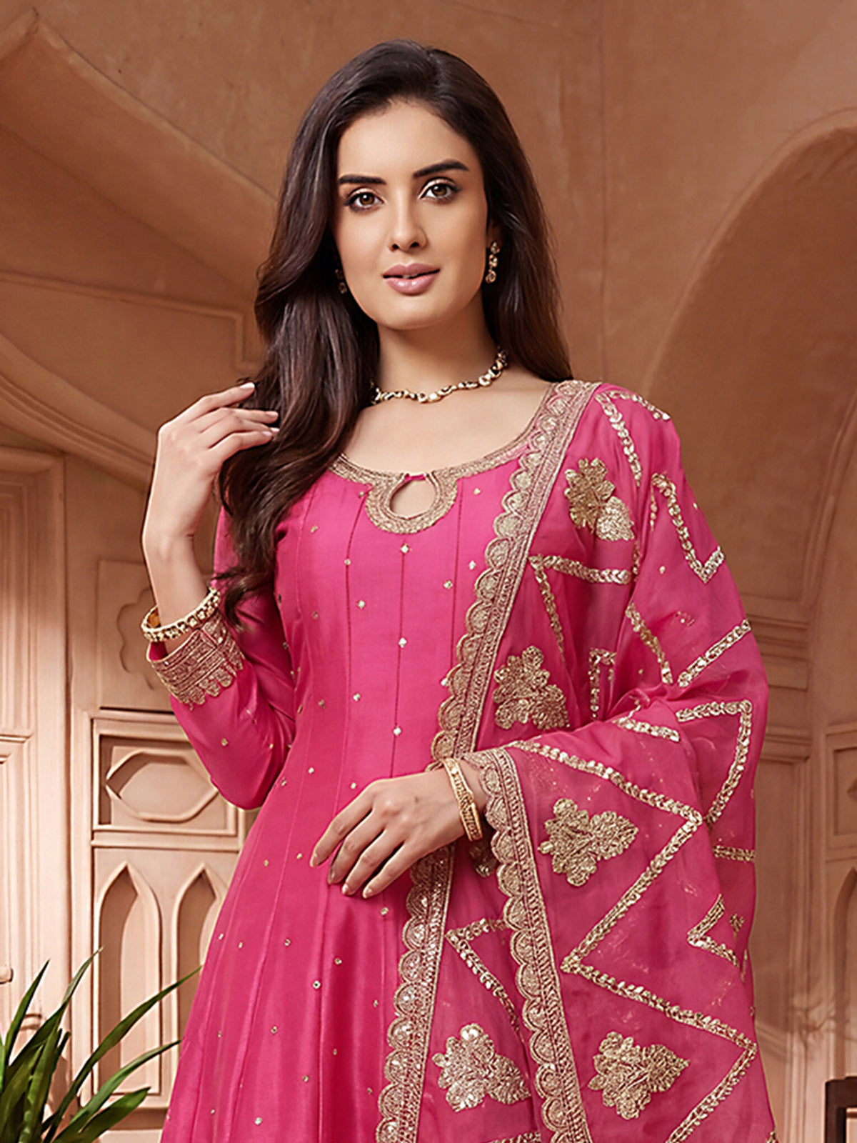 Pink chinon silk embroidered sangeet anarkali suit