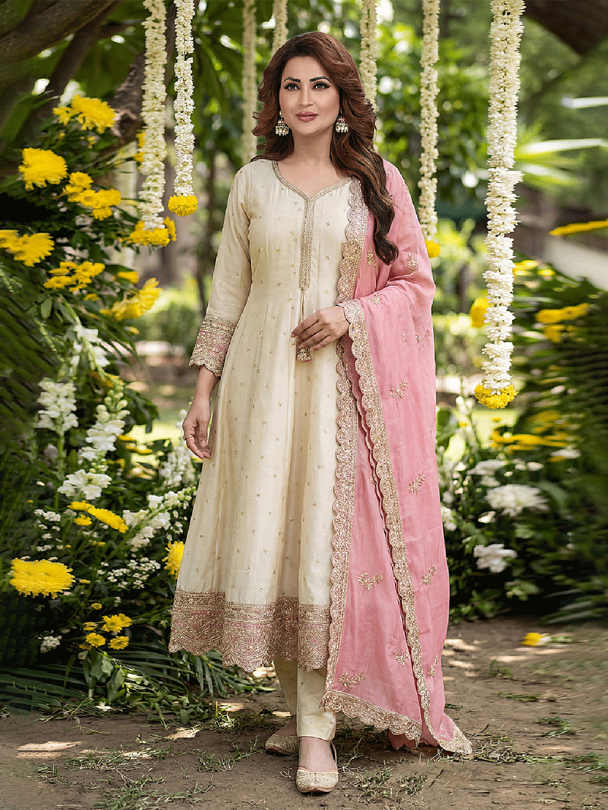 Cream silk heavily embellished festive anarkali suit