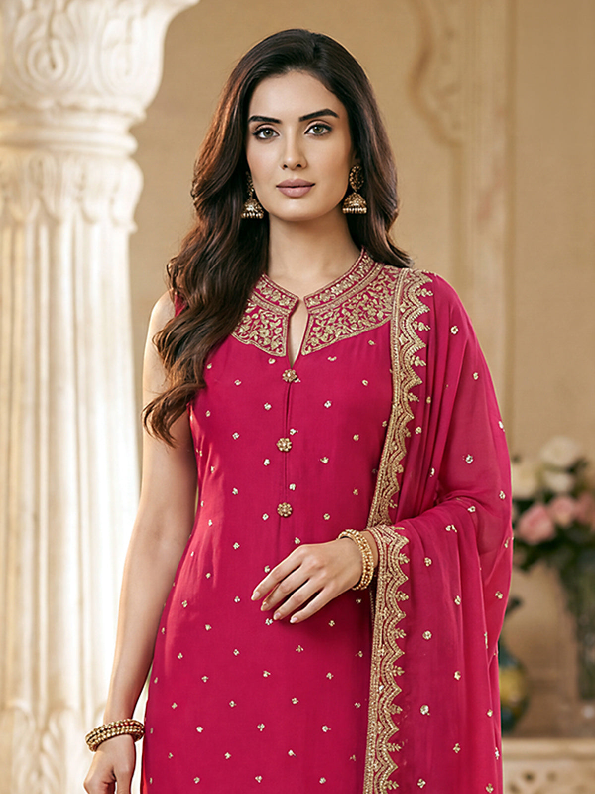 Rani pink sleeveless chanderi silk designer festive wear