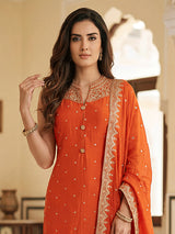 Orange sleeveless chanderi silk modern ethnic salwar suit