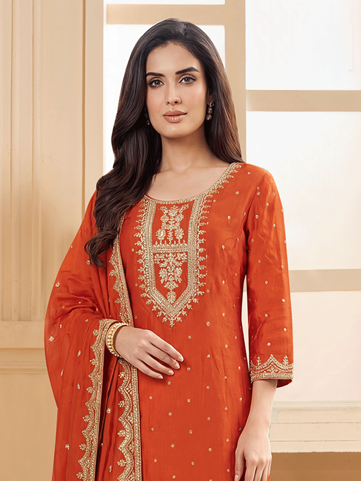 Orange chanderi silk radiant traditional festive outfit
