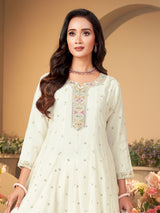 Off white cotton silk pastel embroidered anarkali suit