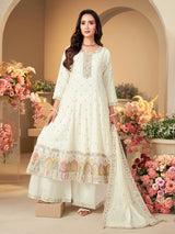 Off white cotton silk pastel embroidered anarkali suit
