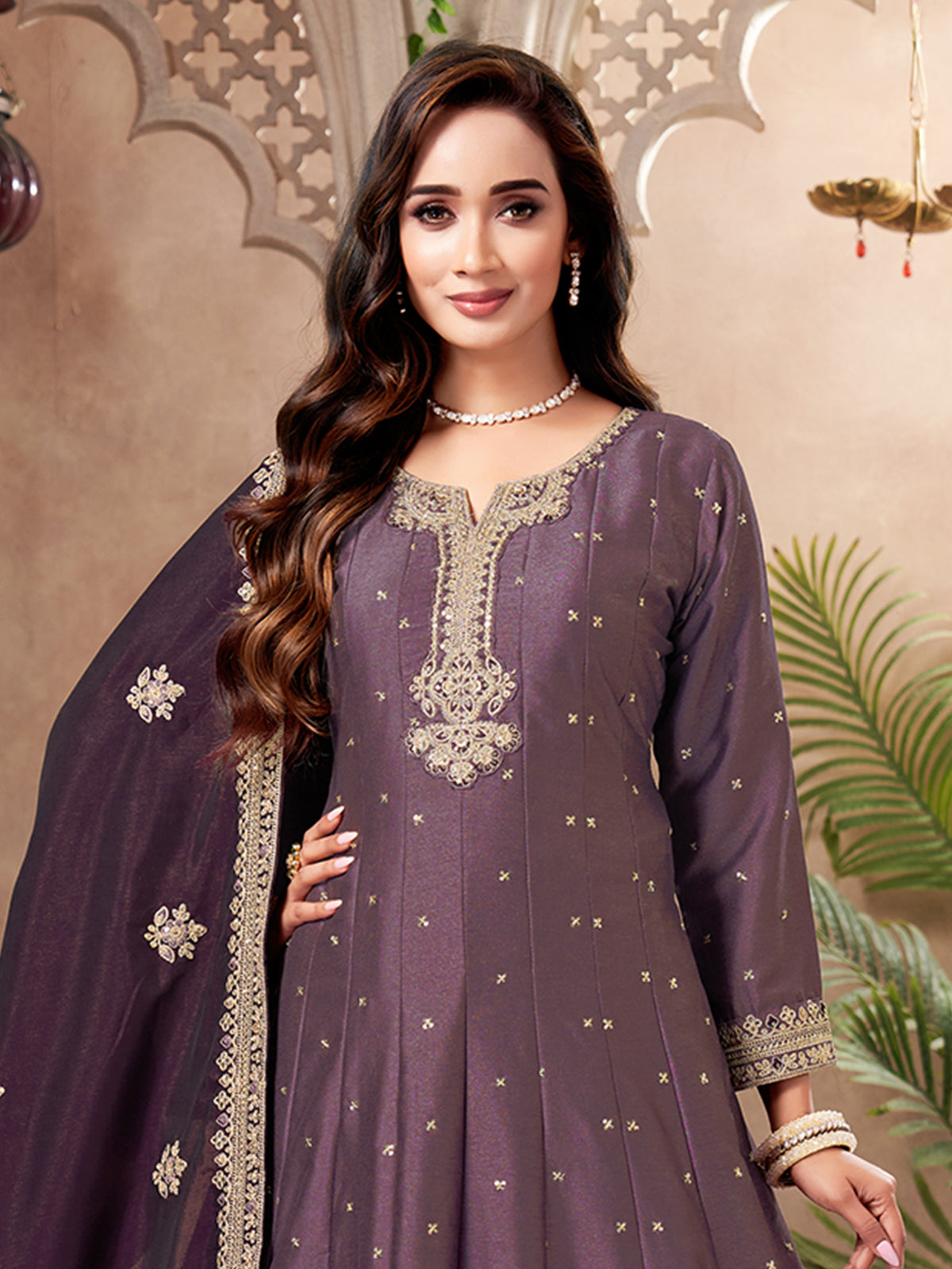 Mauve purple chinon silk festive embroidered anarkali suit