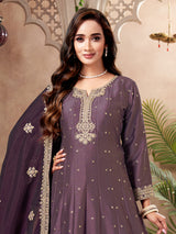 Mauve purple chinon silk festive embroidered anarkali suit